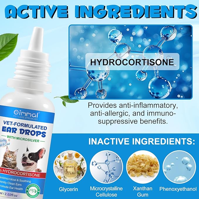 Ear Infection Treatment Drops for Dogs and Cats, Pets Ear Cleaning Solution Drops with 1% Hydrocortisone Soothing Dog Yeast Infection, Itchy Ear Relief, Pet Ear Care Supplies for Dogs & Cats - 2 fl oz-PawvioPets