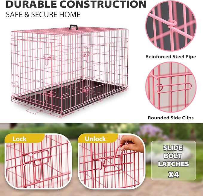 BestPet | Dog Crate | 48" | Pink | Foldable Metal Kennel with Double Doors, Secure Slide-Bolt Latches, Leakproof Tray | Portable Dog Cage for Large Breeds | for Travel, Indoor & Outdoor Use-PawvioPets