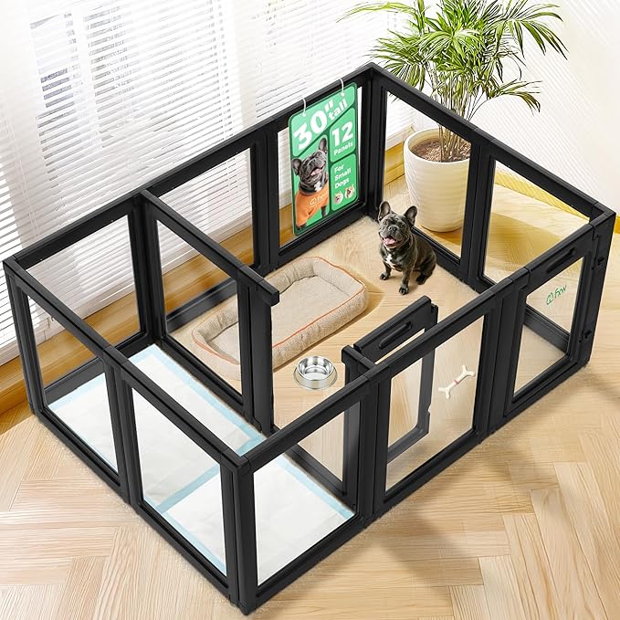 FXW AuraSpace Acrylic Indoor Unleashed Dog Playpen for Small and Medium Dogs, 30 Inch, 12 Panels, Black-PawvioPets