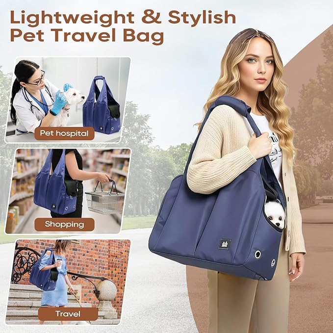 Dog Purse Carrier for Small Dogs, Cats, and Puppies – Soft-Sided Travel Pet Tote Bag with 4 Large Pockets, Foldable, Lightweight, Fits Pets up to 15 lbs, for Travel, Outings (Dark Blue)-PawvioPets