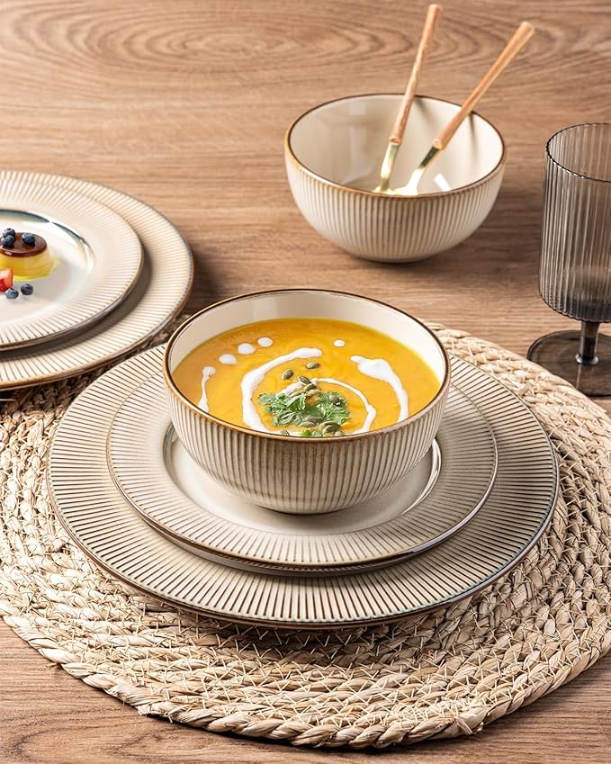 GBHOME Ceramic Dinnerware Sets,12 pcs Embossed Elegant Stoneware Plates and Bowls Sets, Housewarming Wedding Gift | Dishwasher & Microwave Safe | Dishes Set Service for 4-PawvioPets