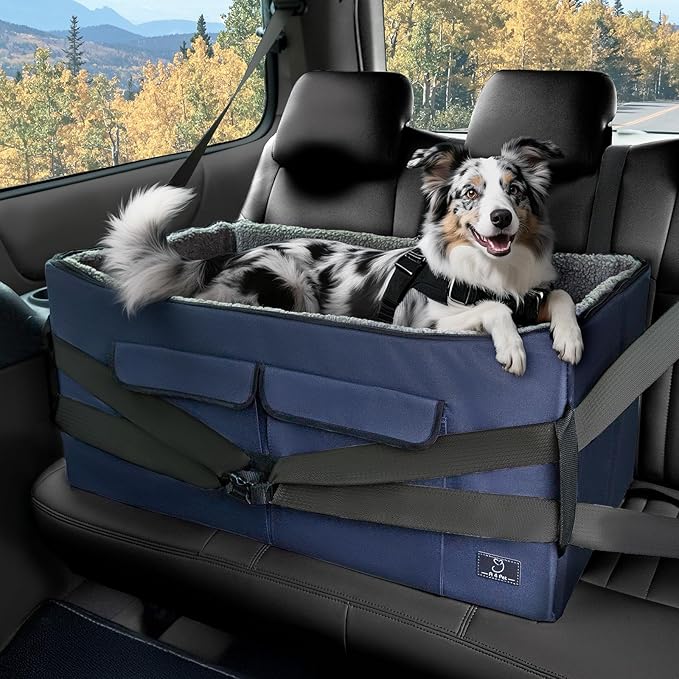 A 4 Pet Dog Car Seat for Medium/Large Dog or 2 Small Dogs, Booster Car Seat with Storage Bags and 2 Seat Belts, Pet Seat for Dogs Under 55 lbs-PawvioPets