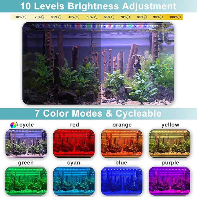 24/7 LED Aquarium Light, IP68 Waterproof Extendable Bracket Fish Tank Light with Timer, 7 Colors, 10 Level Adjustable Brightness, DIY Mode Full Spectrum Aquarium Plant Light for 36-42 Inch Fish Tank-PawvioPets