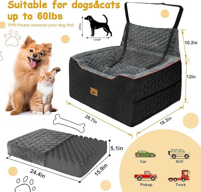 Dog Car Seat for Medium/Large Dog Booster Seat for Dogs Under 60 lbs or 2 Small Dogs, Multi-Functional Pet Car Seat with Thick Cushion, 2 Safety Leashes (BlackGray)-PawvioPets