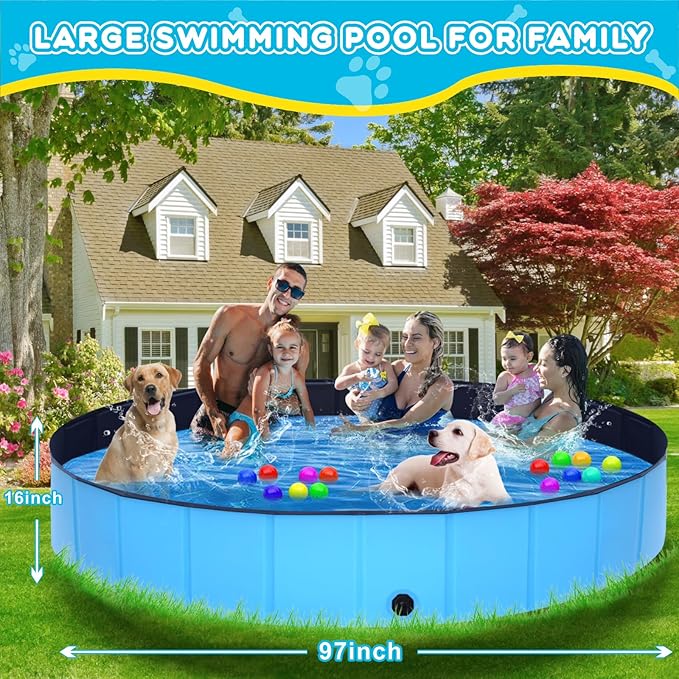 Extra Large Collapsible Dog Pool,97"x16" Anti-Slip Portable Swimming Pool Bathing Tub,Hard Plastic Kiddie Pool for Pets Dogs Cats & Kids…-PawvioPets