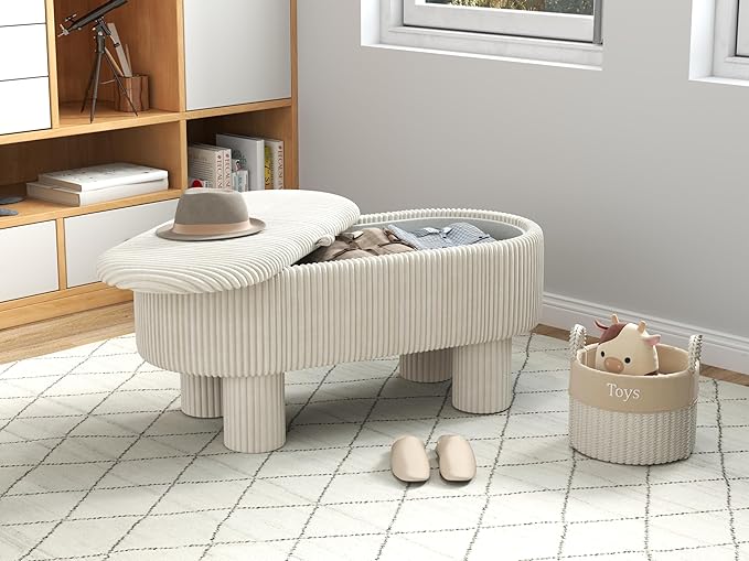 Corduroy Storage Ottoman Bench, 43" Upholstered Oval Footrest with Hidden Storage, Modern Design with Solid Wood Legs for Bedroom, Living Room, and Entryway Furniture, White-PawvioPets