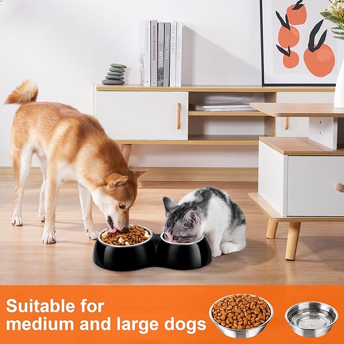 Double Dog Bowls Set – Non-Slip Pet Food & Water Dishes with Resin Stand, Includes Small (1 Cup) & Medium (2 Cups) Bowls – Ideal for Puppies, Cats, and Medium Dogs –Black-PawvioPets