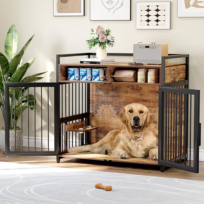 Furniture Style Dog Crate with Storage, 48 Inch Dog Crate Furniture with Double Doors, 2 Stainless Steel Bowls, Dog Crate Furniture-Style Crate for Large/Medium Dog-PawvioPets
