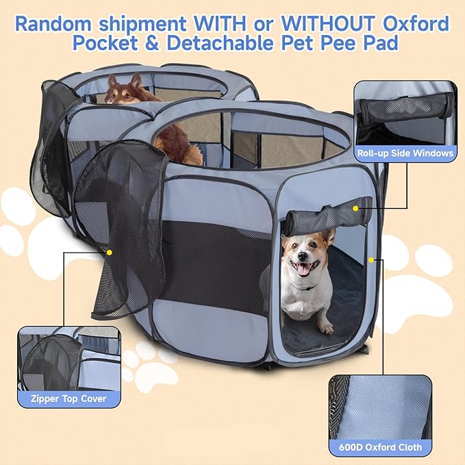 2-in-1 XLarge Pop Up Dog Playpen, Cat Puppy Pet Playpen, Indoor Outdoor Cats Enclosed, Cat Tent Crate Cage Kennel, Portable Playpen for Kitten and Small Animals(No Divider, Unified Space)-PawvioPets