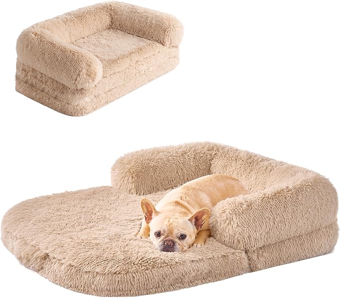 EHEYCIGA Foldable Dog Bed, Faux Fur Fluffy Dog Couch Bed, Orthopedic Calming Memory Foam Pet Bed for Small Dogs, Washable Soft Warm Pet Sofa Bed with Non-Slip Bottom, Camel, 40"x30"x6"-PawvioPets