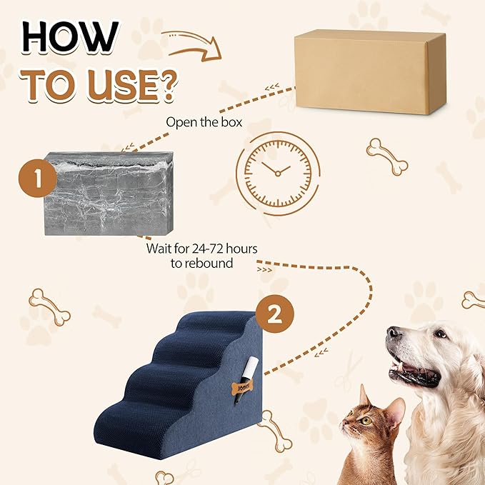 Dog Stairs, Romrol Dog Steps Ramp for High Bed and Couch, Dogs Ramp with Durable Non-Slip Waterproof Fabric Cover, Pet Stairs for Small Dogs and Cats or Pets Joints, 4-TiersNavy-PawvioPets