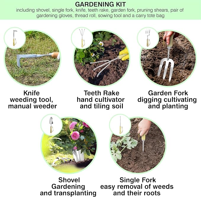 Garden Tools Set – Premium Stainless Steel Gardening Hand Tools with Solid Beechwood Handle – Gardening Kit with Rake, Shovel, Gloves, Shears, Tool Organizer – Garden Gifts for Women and Men-PawvioPets