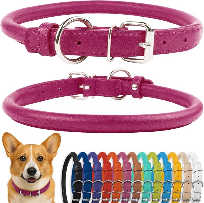 CollarDirect Rolled Leather Dog Collar, Soft Padded Round Puppy Collar, Handmade Genuine Leather Collar Dog Small Large Cat Collars 13 Colors (11-14 Inch, Pink Textured)-PawvioPets