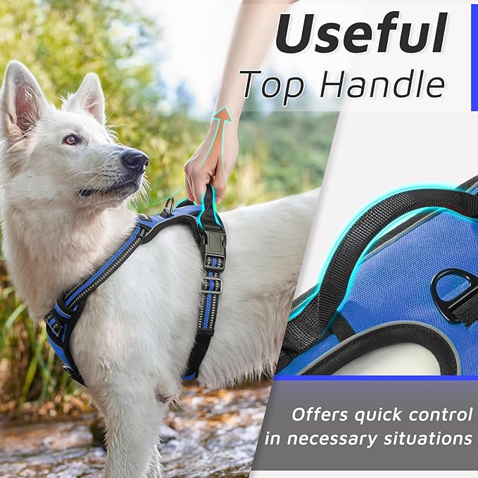 Eagloo Dog Harness Medium Sized Dog, No Pull Service Vest with Reflective Strips and Control Handle, Adjustable and Comfortable for Easy Walking, No Choke Pet Harness with 2 Metal Rings, Blue, M-PawvioPets