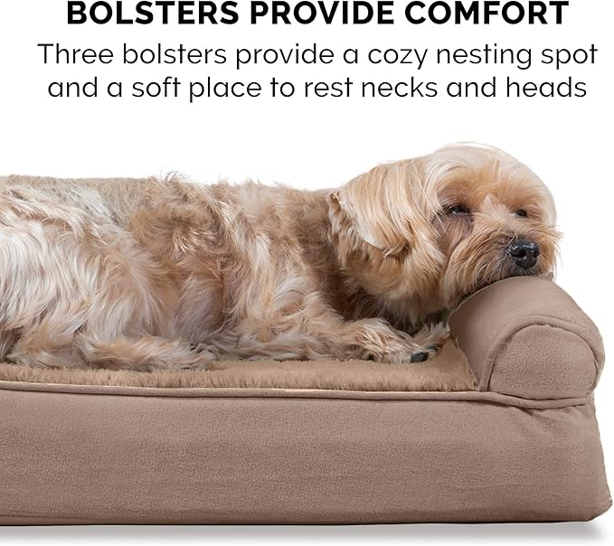 Furhaven Orthopedic Dog Bed for Large Dogs w/ Removable Bolsters & Washable Cover, For Dogs Up to 95 lbs - Plush & Suede Sofa - Almondine, Jumbo/XL-PawvioPets