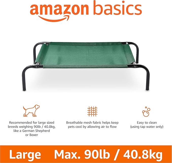 Amazon Basics Cooling Breathable Elevated Dog Bed with Metal Frame for Large Dogs, 51 x 31 x 8 Inch, Green-PawvioPets