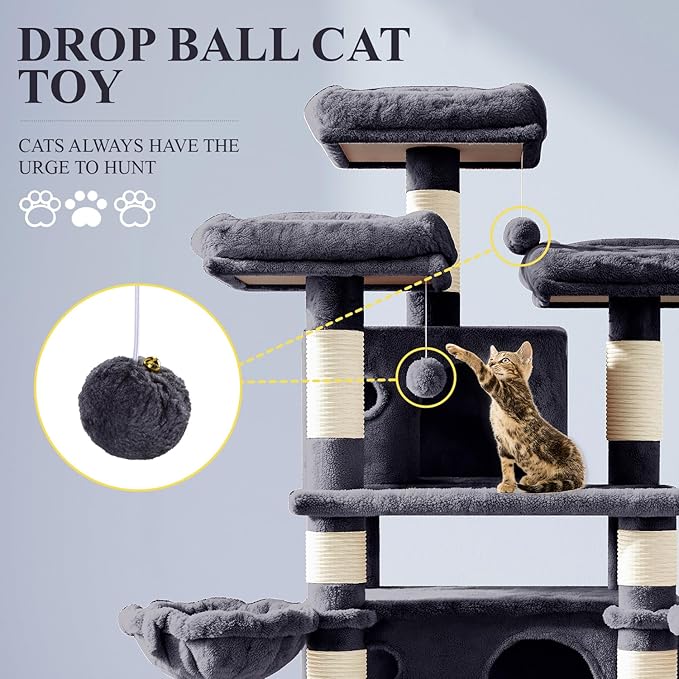 Allewie 68 Inches Cat Tree/House and Towers for Big Feline/Scratching Post/Multi-Level Large Kitty Climbing Tree with Condo/Smokey Grey-PawvioPets