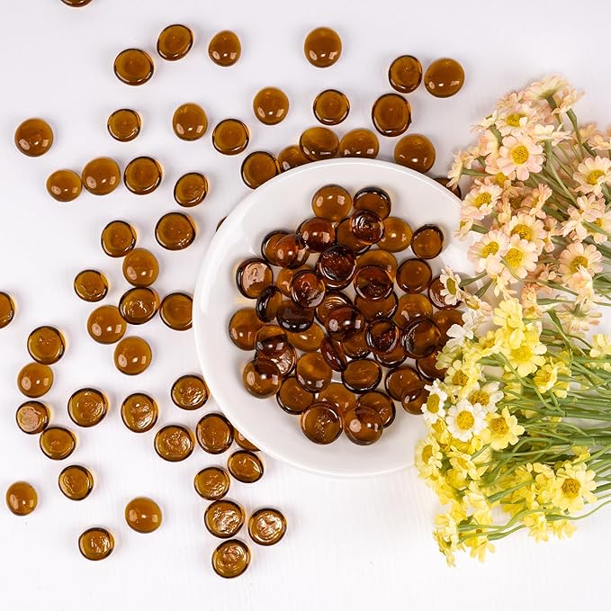 1LB Glass Marbles, Transparent and Smooth Flat Glass Beads for Vases, Mosaic Gem Pebbles for Aquarium Decor, Floral Arrangements, Mancala Stones, Vase Filler and Crafts, Brown-PawvioPets