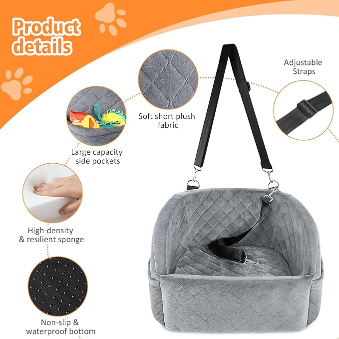 Dog Car Seat for Small Dogs,Detachable Washable Dog Booster Seat for Medium Dogs Under 30lbs, Pet Car Seat Travel Bed with Storage Pockets and Dog Safety Belt (Grey)-PawvioPets