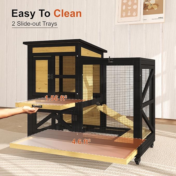40'' Rabbit Cage Bunny Cage Indoor, Outdoor Rabbit Hutch for Small Animals, 2-Story Wooden Guinea Pig Cages with Wheels & 2 Deeper No Leak Trays, Waterproof Openable Roof & Bottom Wire Mesh-PawvioPets