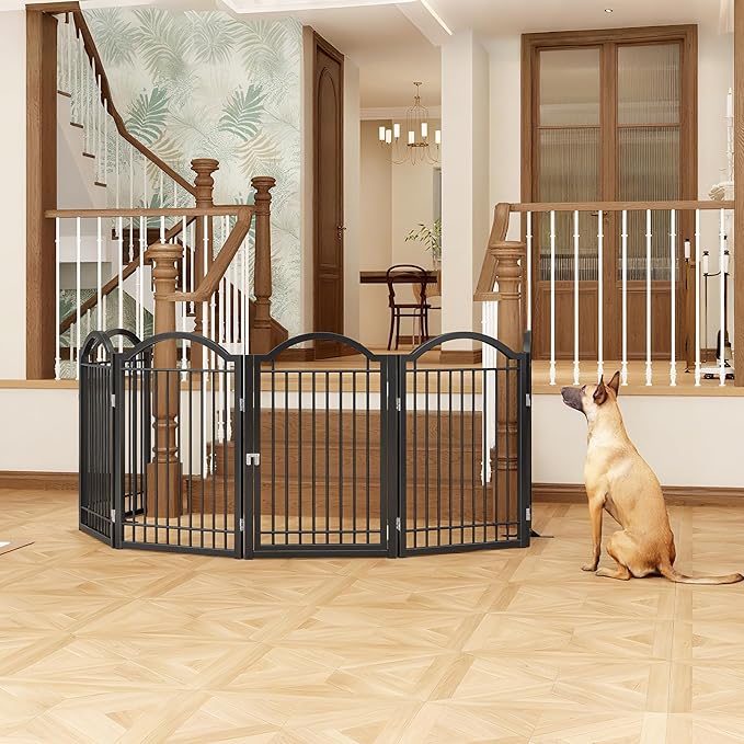 BHG Metal No-Assembly Freestanding Dog Gate with Door Walk Through, Extra Wide 144", Extra Tall 32" Pet Gate, Accordion Puppy Folding Playpen Dog Fence, with 2PCS Support (Black, 6 panesl)-PawvioPets