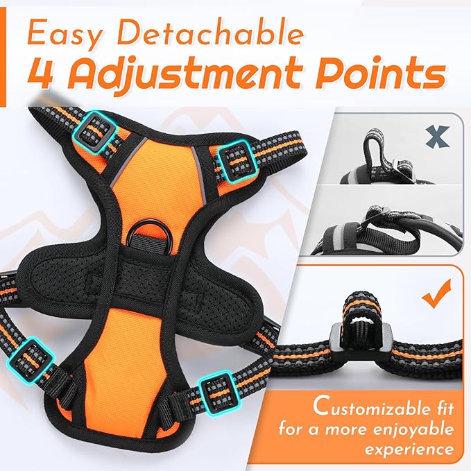 Eagloo Small Dog Harness No Pull, Service Vest with Reflective Strips and Control Handle, Adjustable and Comfortable for Easy Walking, No Choke Pet Harness with 2 Metal Rings, Orange, XS-PawvioPets