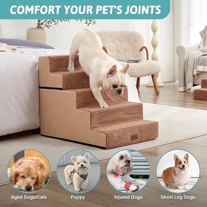 Dog Stairs for Small Dogs, 5 Tier Removable Wider Pet Stairs for Couch and Bed, 23.6" H Non-Slip Dog Steps for Puppies and Old Cats with Support Board, 29.5x19.7x23.6 inch, Light Brown-PawvioPets