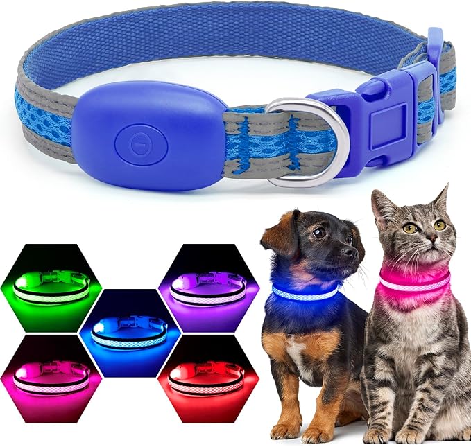 Flashseen LED Cat Collar,Light Up Dog Collar Rechargeable, Dog Lights for Night Walking, Comfortable Soft Mesh Pet Collar Adjustable for Cats Puppy and Small Dogs(Blue, XS)-PawvioPets