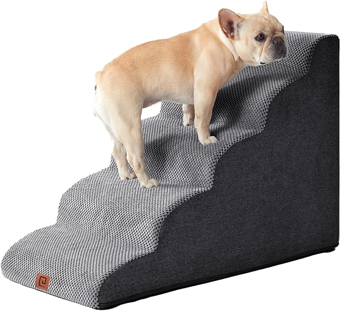 EHEYCIGA Curved Dog Stairs Ramp for High Beds 22.6" H, 5-Step Dog Steps for Small Dogs and Cats, Pet Stairs for High Bed Climbing, Non-Slip Balanced Pet Step Indoor, Grey-PawvioPets
