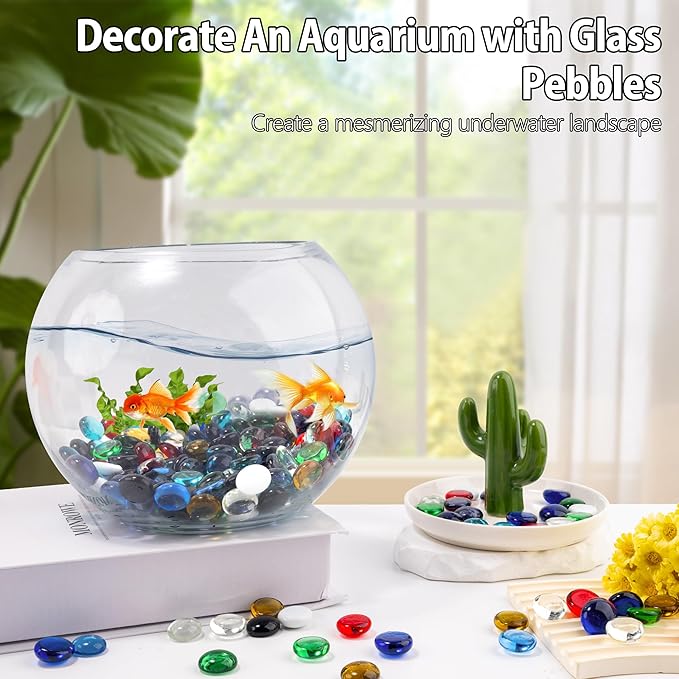 1LB Mix Glass Marbles, Transparent and Smooth Flat Glass Beads for Vases, Mosaic Gem Pebbles for Aquarium Decor, Floral Arrangements, Mancala Stones, Vase Filler and Crafts(Approx. 80-100 PCS)-PawvioPets