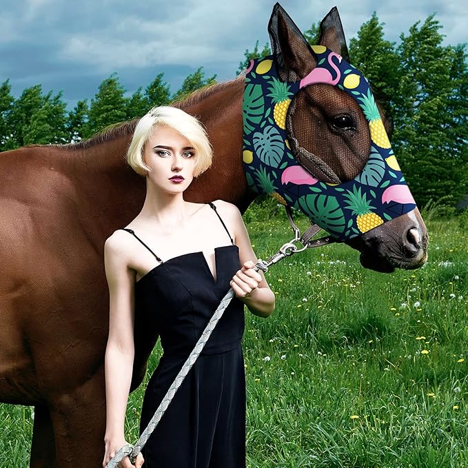 Frienda 4 Pieces Horse Fly Masks with Ears Face Covering UV Protection from Insect Pests Elasticity Smooth Comfortable Mesh Horse Mask Accessories(Fruit,Large)-PawvioPets