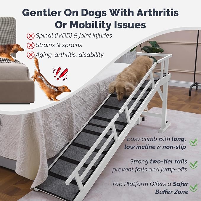 Dog Ramp for Bed or Couch, Wooden Pet Ramp with 20° Gentle Slope, Removable Side Rails, Non-Slip Surface, Top Platform & Wheels, Safe Bed Ramp for Small, Medium & Senior Dogs, 74" Long, White-PawvioPets