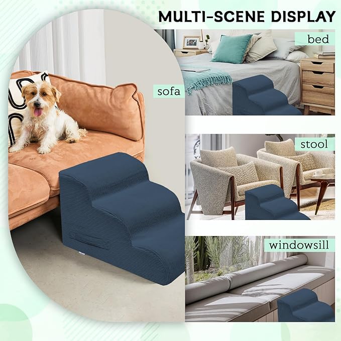 Dog Steps for Small Dogs, 3-Step Pet Ramp Stairs for High Beds and Sofa, Non-Slip Pet Stairs for Small Dogs and Cats, Removable and Easy to Clean Cover, Navy-PawvioPets