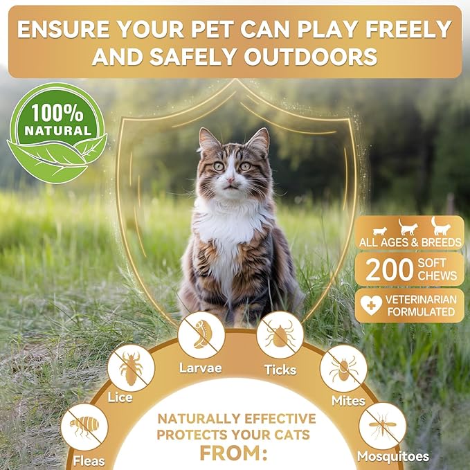 Flea and Tick Prevention for Cats, 200 Soft Chews for Fleas Treatment for Cats, Natural Cat Oral Flea Chewables Support Supplement, Flea and Tick Chews for All Breeds & Sizes-PawvioPets