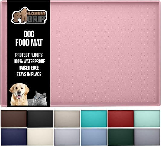 GORILLA GRIP 100% Waterproof Raised Edge BPA Free Silicone Pet Feeding Mat, Dog Cat Food Mats Contain Spills Protects Floors, Placemats for Cats and Dogs Water Bowl, Pets Accessories 28x18 Pink-PawvioPets