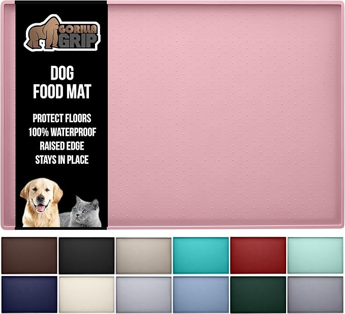 GORILLA GRIP 100% Waterproof Raised Edge BPA Free Silicone Pet Feeding Mat, Dog Cat Food Mats Contain Spills Protects Floors, Placemats for Cats and Dogs Water Bowl, Pets Accessories 16x10, Pink-PawvioPets