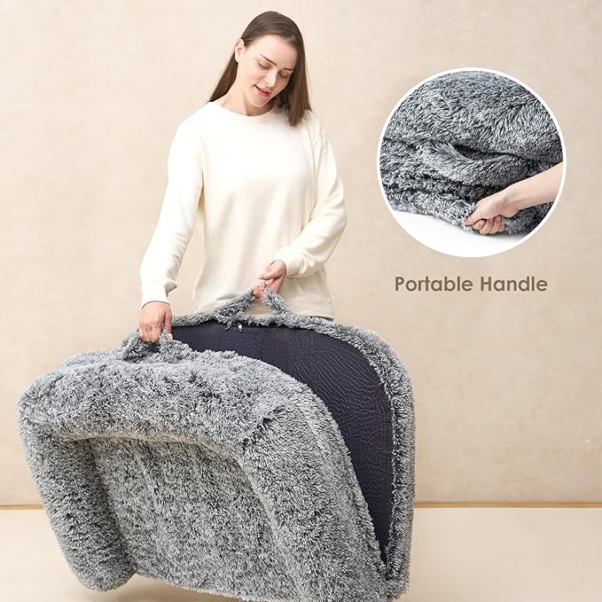 EHEYCIGA Foldable XL Dog Bed, Faux Fur Fluffy Pet Couch Bed for Large Dogs, Orthopedic Calming Memory Foam Big Pet Bed, Washable Soft Pet Sofa Bed with Non-Slip Bottom, Grey, 46"x34"x6.5"-PawvioPets
