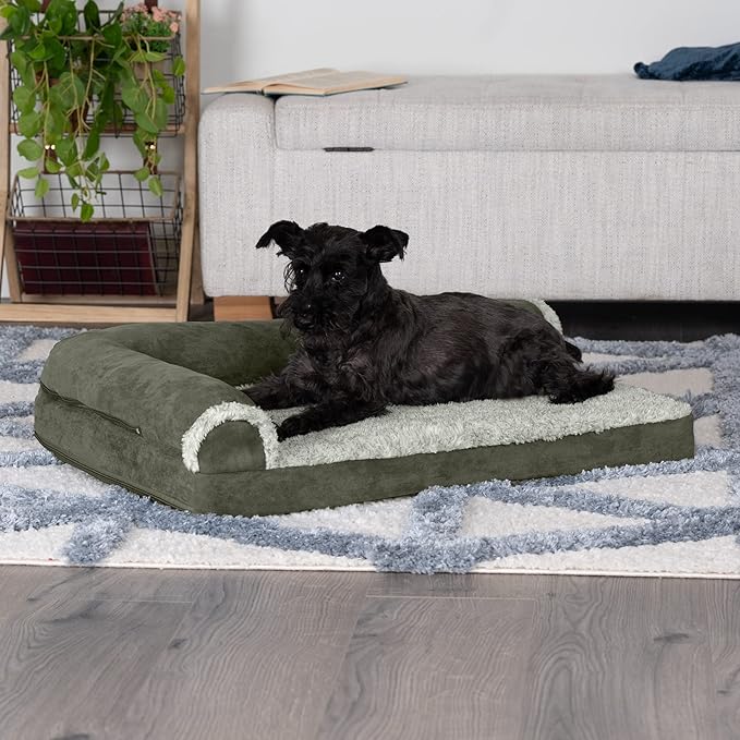Furhaven Cooling Gel Dog Bed for Medium/Small Dogs w/ Removable Bolsters & Washable Cover, For Dogs Up to 35 lbs - Two-Tone Plush Faux Fur & Suede L Shaped Chaise - Dark Sage, Medium-PawvioPets