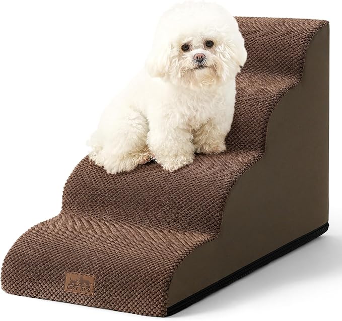 Dog Stairs for Small Dogs 19.7" H, Curved Dog Step for Puppy, Older or Cat, Medium Pet Ramp for Sofa, Couch or Bed, Ladder with High Density Foam, 15.7x28.3x19.7 inch, 4 Step, Brown-PawvioPets