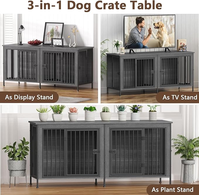 EasyCom 78 Inch Dog Cage Furniture for 2 Pets with Divider, XXL Wooden Double Dog Crate Furniture TV Stand for Mideum and Large Breed, Durable and Sturdy-PawvioPets