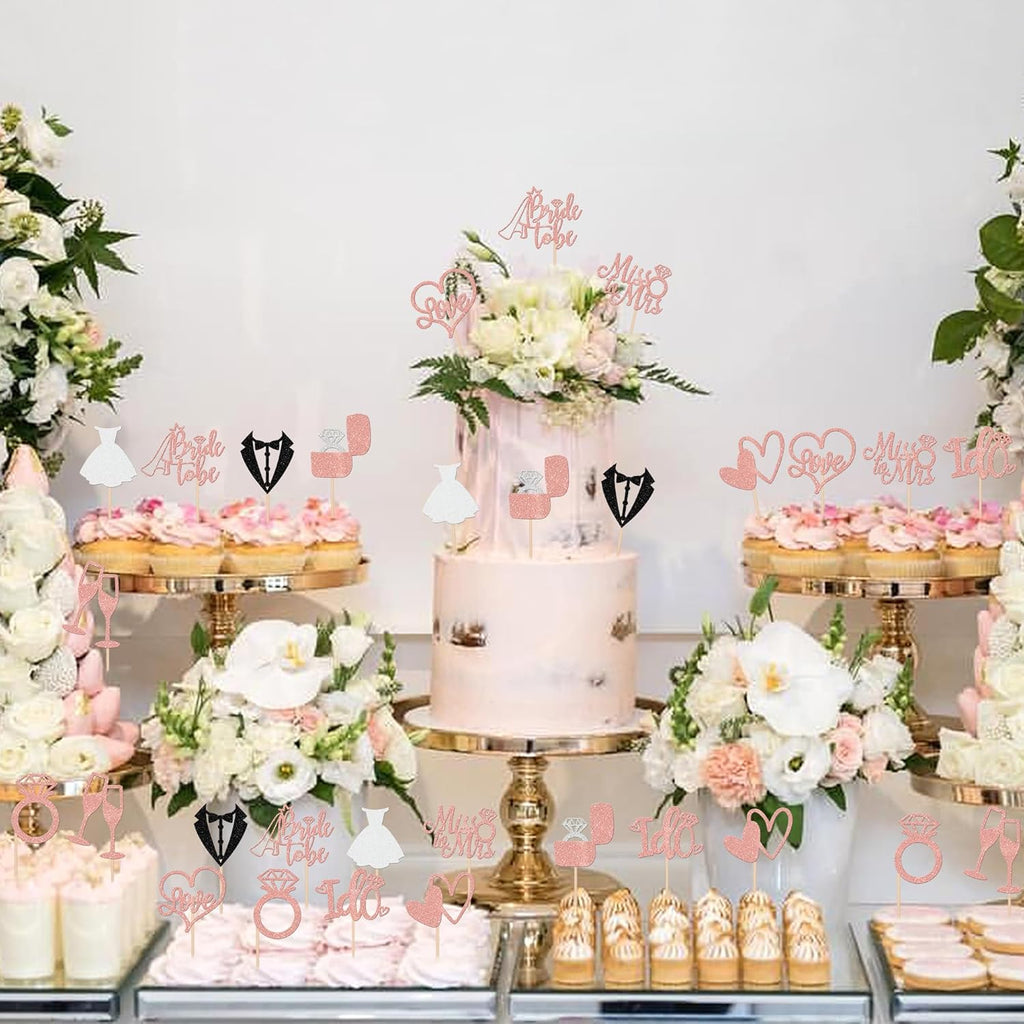 30 PCS Bride to Be Cupcake Toppers Glitter Miss to Mrs I Do Love Heart Ring Cupcake Picks Wedding Bridal Shower Cake Decorations for Wedding Engagement Bachelorette Party Supplies Rose Gold