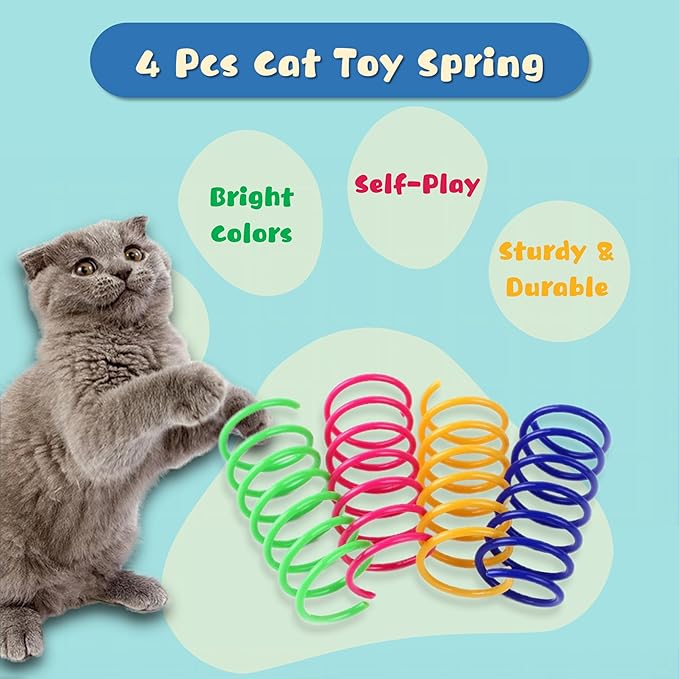 30 Pcs Premium Silent Cat Pom Pom Balls, Interactive Lightweight Assorted Colors Fuzzy Toy Balls (1.2 inches), with 4 Pcs Cat Spring Toy for Indoor Kitten Playing Exercising-PawvioPets