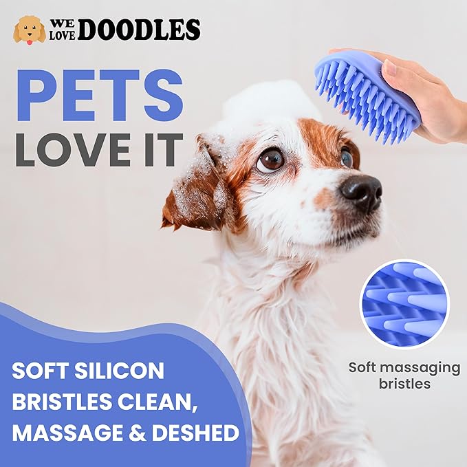 Bath Brush for Pet Grooming & Massage - Rubber Scrubbing Brush for Showers, Ideal for Long & Short Haired Dogs and Cats, Essential Puppy Accessory, Long Pins [We Love Doodles]-PawvioPets