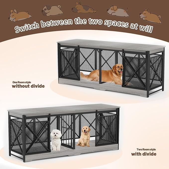 COZPAW 78 Inch Double Dog Crate Furniture, Extra Large Dog Kennel Indoor for Medium Large 2 Dogs, Heavy Duty Dog Cage Chew-Resistant Steel and Wooden Pet House with Removable Divider (Grey)-PawvioPets