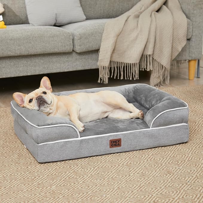 EHEYCIGA Orthopedic Dog Bed for Medium Dogs, Waterproof Memory Foam Medium Pet Beds with Sides, Non-Slip Bottom and Egg-Crate Foam Dog Couch Bed with Washable Removable Cover, Grey-PawvioPets