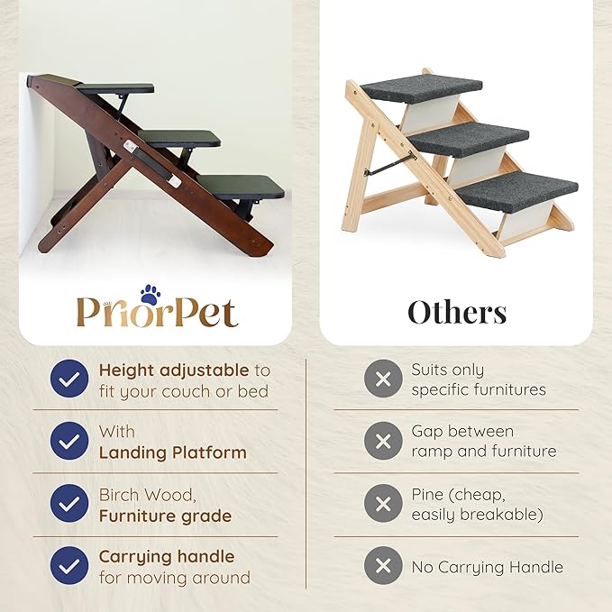Dog Steps for Bed & Couch 2-in-1 Dog Stairs/Ramp - Height Adjustable Dog Ramp for Couch 7” - 20” - Pet Stairs, Dog Stairs for Small Dogs - Easy to Move Pet Steps with Landing Platform, Walnut-PawvioPets