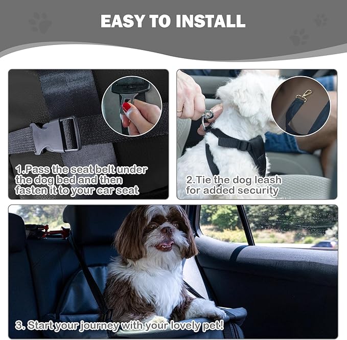 Dog Car Seat for Small Dogs, Large Leather Dog Car Bed with Storage Pocket, Waterproof PVC Leather Booster Seat Travel Bed for Front & Back Seat, Clip-On Safety Leash (Black/Brown)-PawvioPets