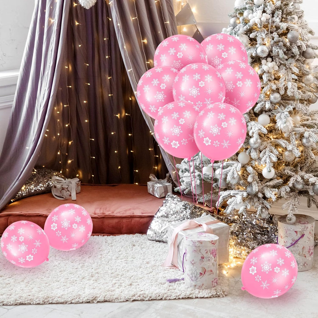 Skylety 40 Pieces Snowflake Balloons Bulk Winter Transparent Snowflake Latex Balloons for Christmas Birthday Wedding Party Decorations(Pink)