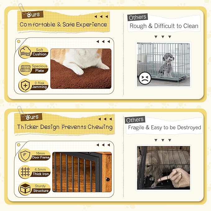 Bigrab Dog Crate Furniture with Thick Cushion, Side End Table Wooden Dog Cage with Double Doors, Chew-Resistant Dog Kennel Dog House Indoor for Small to Large Dog, L-PawvioPets