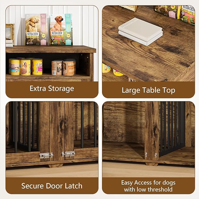 Furniture Dog Crate for 2 Dogs, 41 Inch Dog Kennel Furniture with Removable Divider and Shelf Storage, Wooden Dog Crate for Small/Medium Dogs, Rustic Brown-PawvioPets